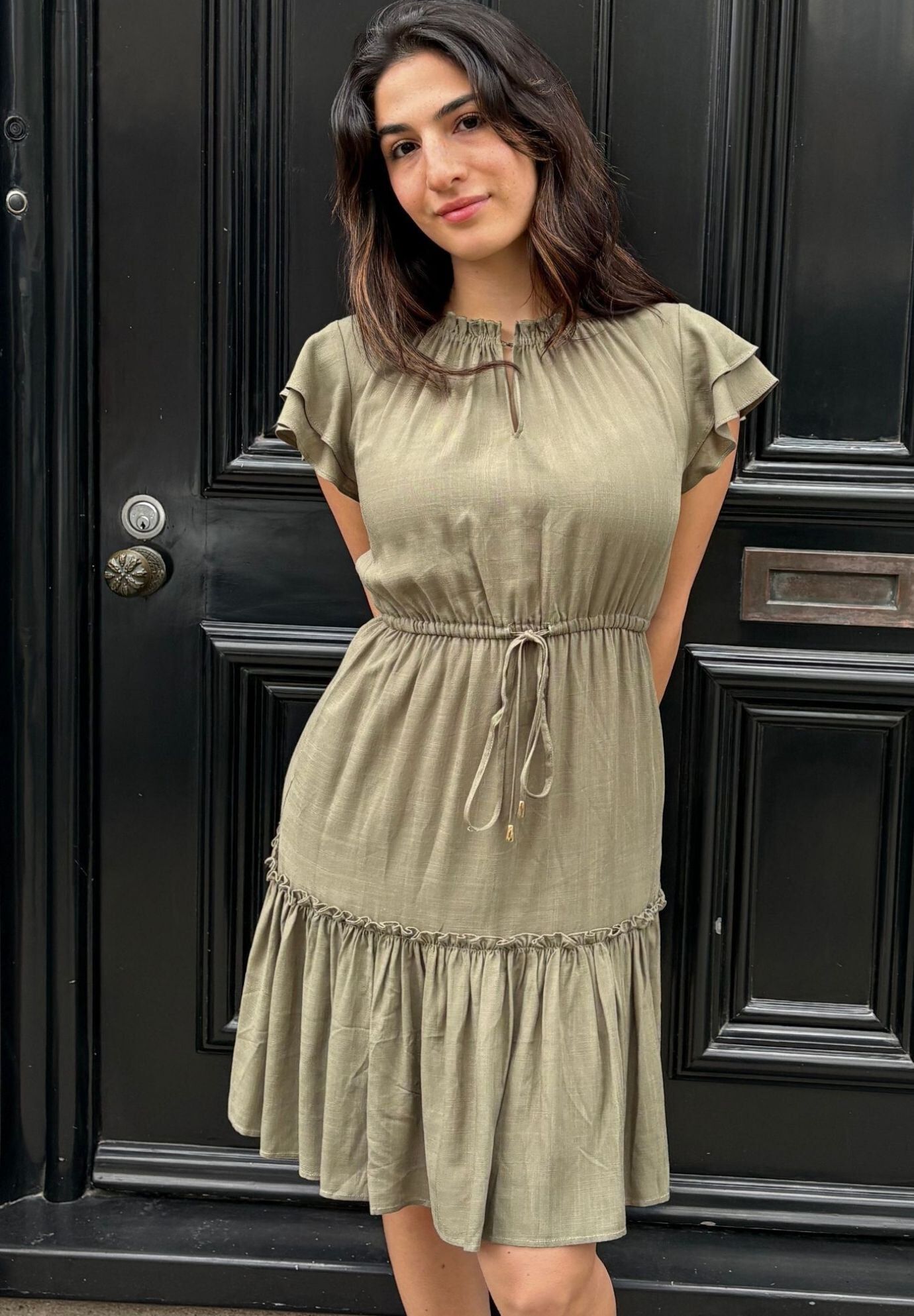 Annick- Mireille Short Dress Frilled Sleeves Tiered Tie Waist, Khaki / Olive Green, alternate image number 3
