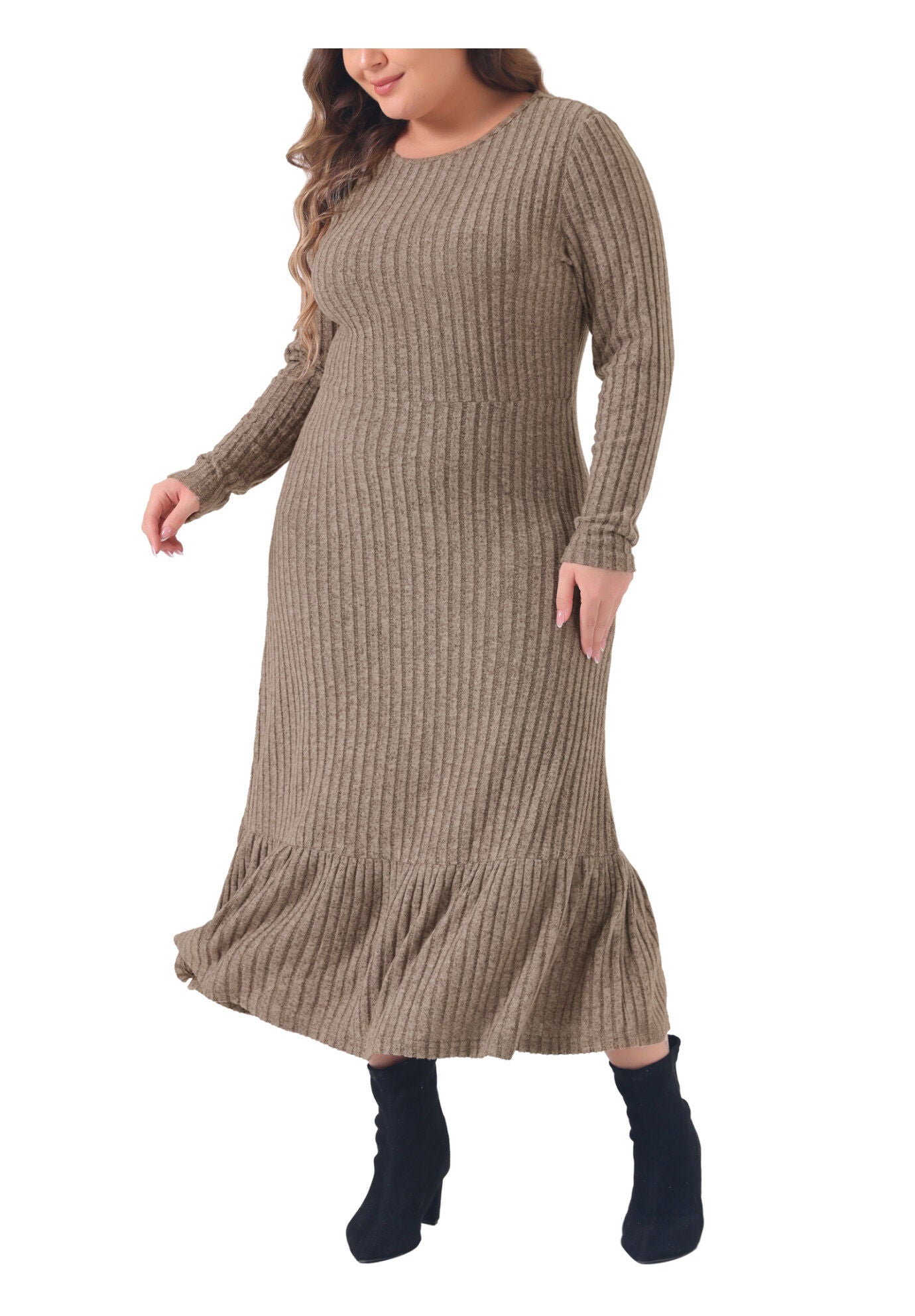 Ribbed Knit Long Sleeve Crew Neck Ruffled Hem Midi Dress, Khaki / Brown, alternate image number 3