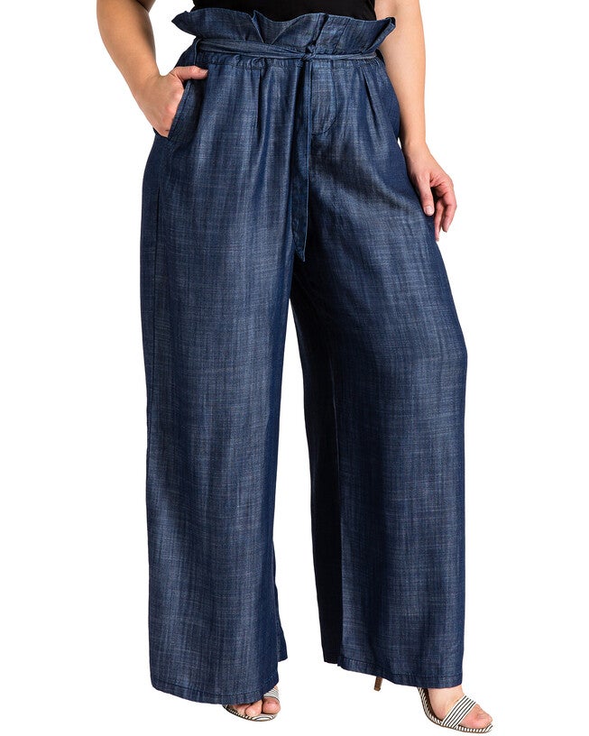Plus Size Cleo Indigo Tencel Denim Palazzo Pants, Blue Rinse / Navy, hi-res image number 0