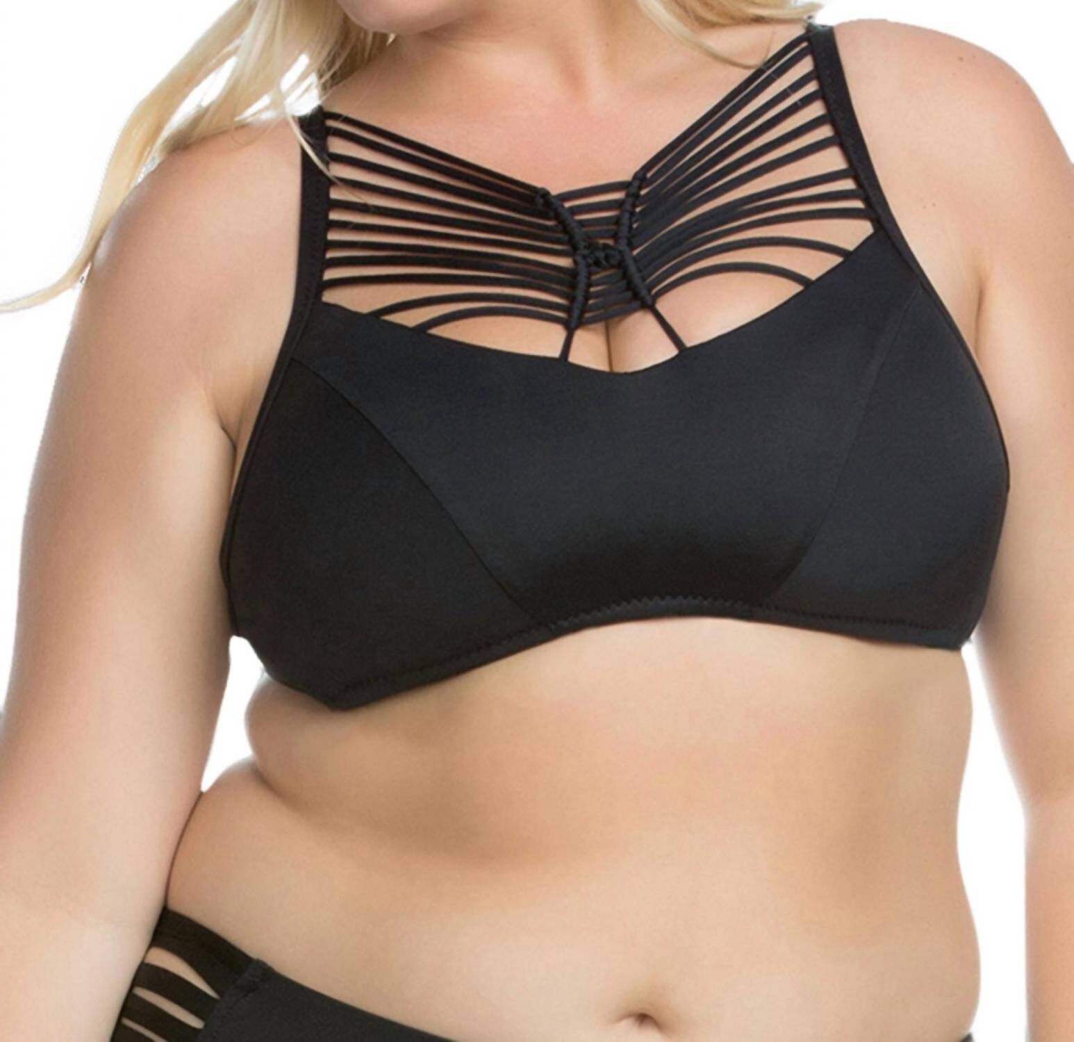 ELECTRIC CURRENT MACRAME HIGH NECK HALTER BIKINI TOP, Black / Black, hi-res image number 0