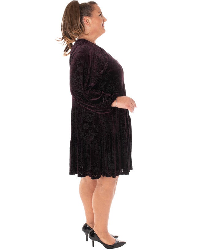 VELVET BURNOUT / SILKY DENIER FULLY LINED DRESS, FIGBLACK / Purple, alternate image number 2