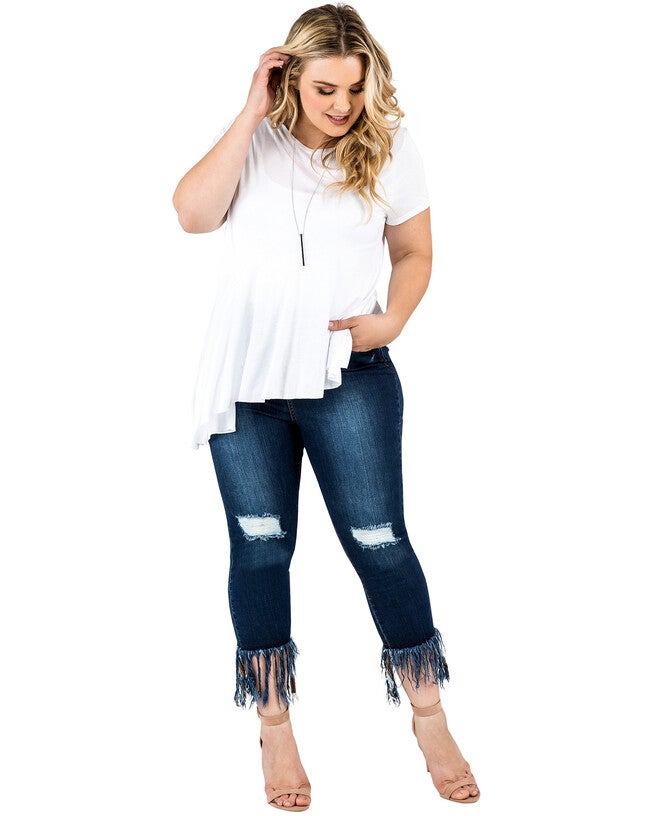 Plus Size Laura Fringe Frayed Hem Distressed Indigo Stretch Jeans, Blue / Medium Wash, alternate image number 4