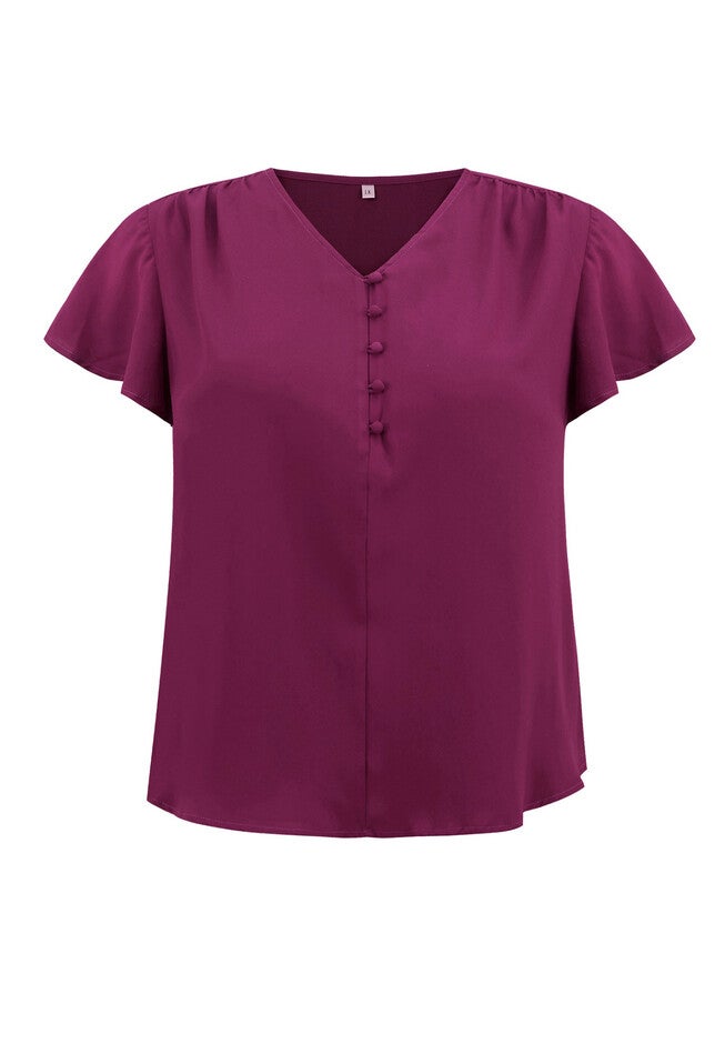 Pleated Ruffle Short Sleeve V Neck Button Decor Blouse Top, Purple Red / Red, alternate image number 3