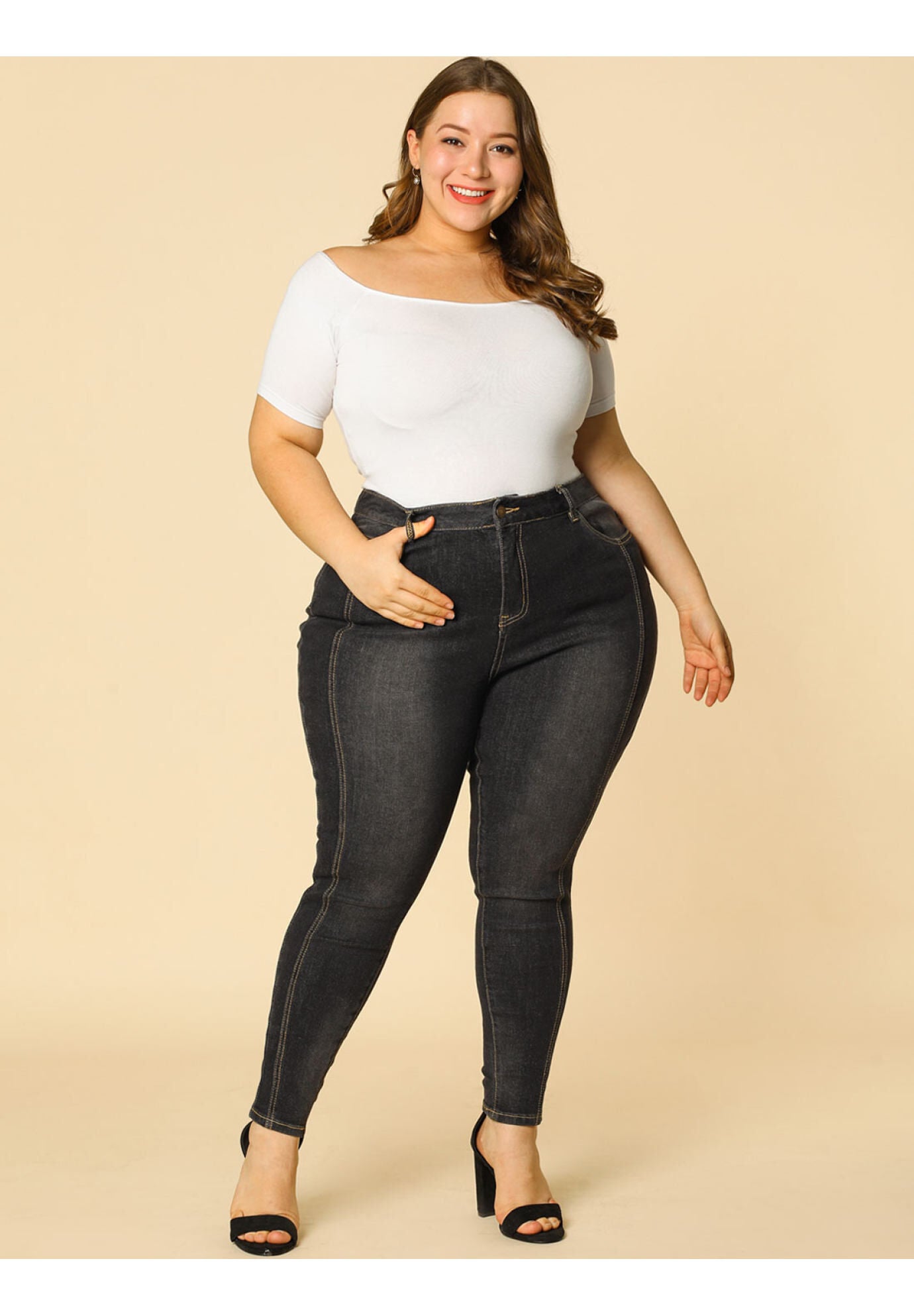 MID RISE STRETCH WASHED SKINNY JEANS DENIM JEGGINGS, Black / Black, alternate image number 3