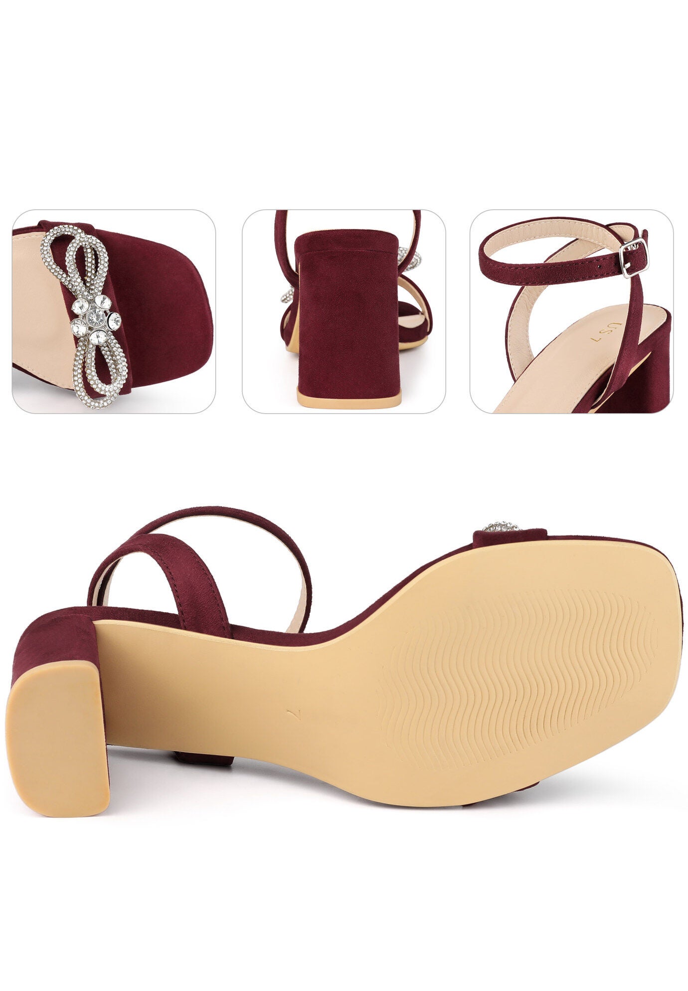 Rhinestone Bow Slingback Chunky Heels Sandal, Burgundy / Burgundy, alternate image number 2