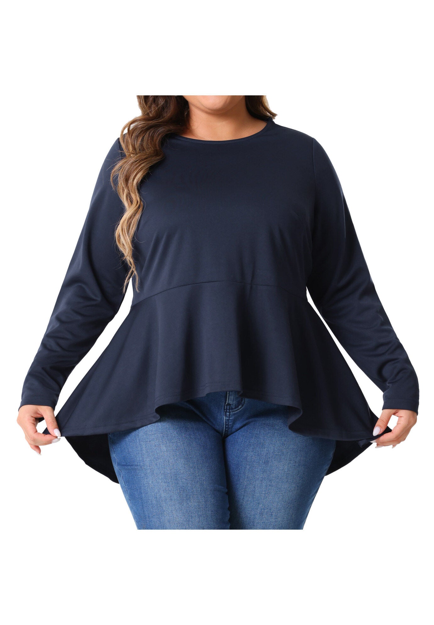 Crew Neck High Low Asymmetrical Irregular Hem Blouse T-Shirt with Belt, Navy Blue / Navy, alternate image number 1