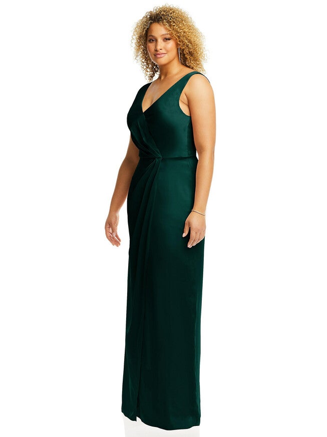 Faux Wrap Whisper Satin Maxi Dress with Draped Tulip Skirt, Evergreen / Hunter Green, alternate image number null