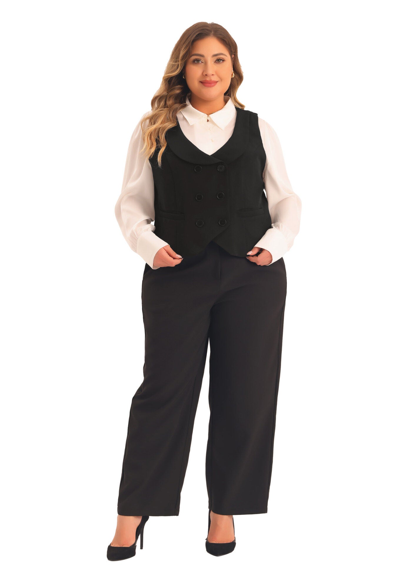 DOUBLE BREASTED LAPEL COLLAR DRESSY WAISTCOAT SUIT VEST, Black / Black, hi-res image number 0