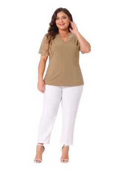 V Neck Short Sleeve Lace Ribbed Knit Tunic Top