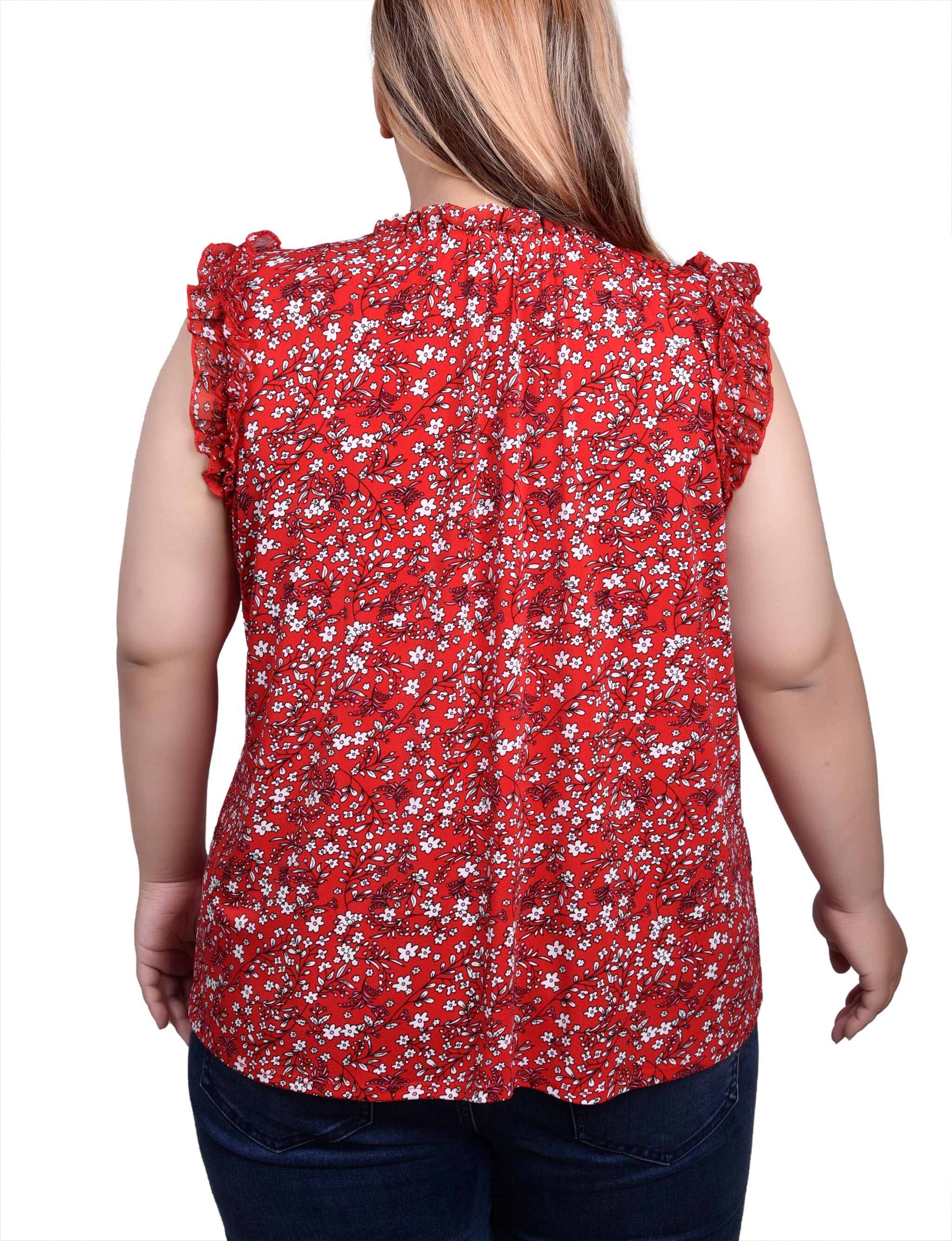 Sleeveless Crepe Top With Chiffon Ruffles, Red Disty / red, alternate image number 1