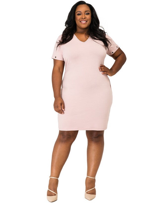 Plus Size Evelyn Dusty Mauve V-Back Crossover Grommet Hem Tunic Dress, Pink / Pink, hi-res image number null