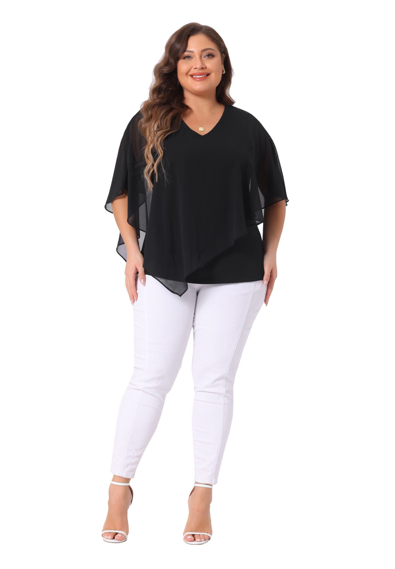 V Neck Flowy Shirt Double Layered Chiffon Top, Black / Black, hi-res image number 0