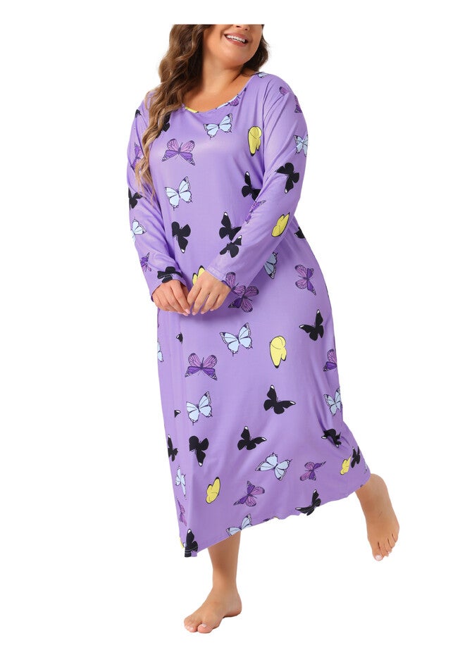 Crew Neck Long Sleeve Print Sleep Dress, Light Purple / Purple, alternate image number null