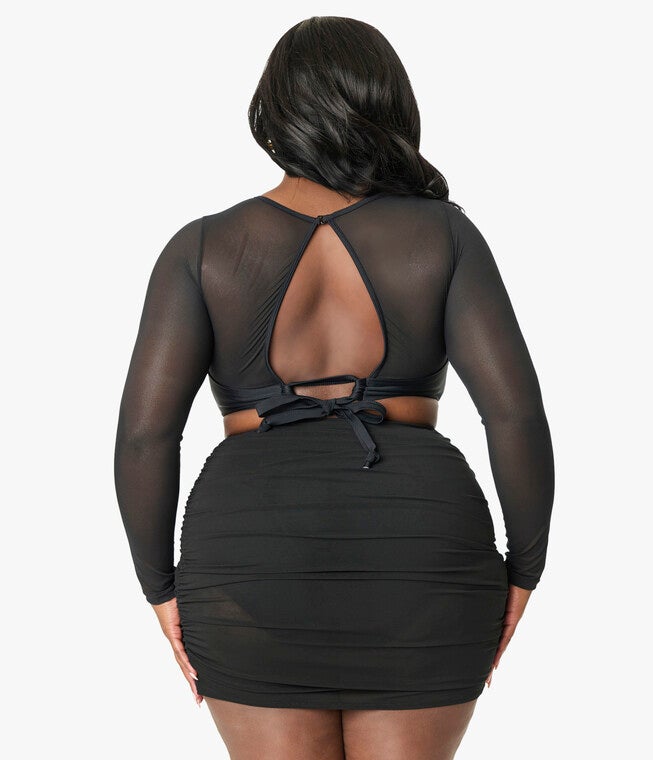 Unique Vintage Plus Size Black Mesh Long Sleeve Swim Top, Black / Black, alternate image number 1