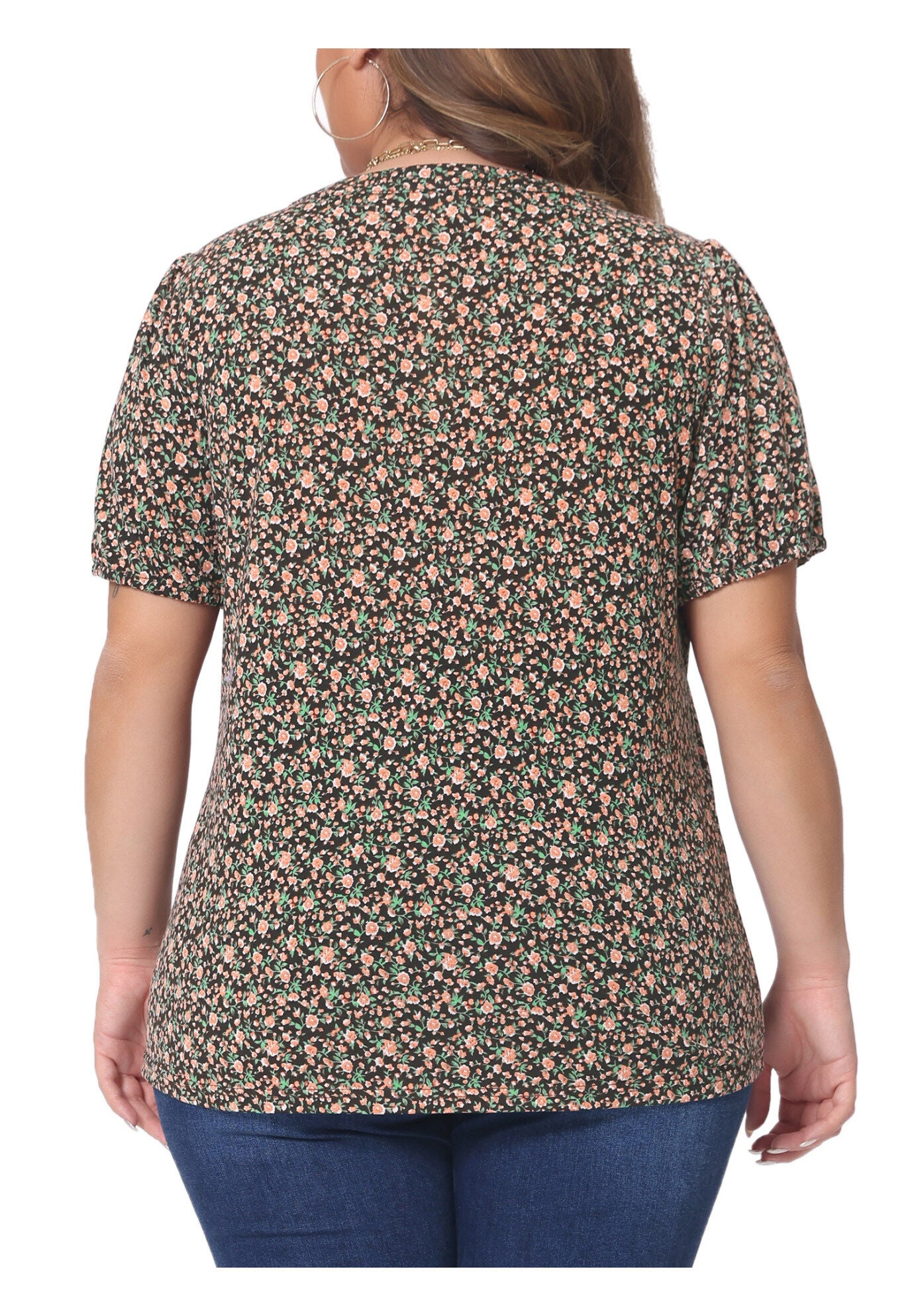 Short Sleeve Pleated T-Shirts Notched V Neck Blouse Floral Top, Brown / Brown, alternate image number 2