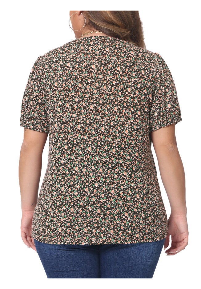 Short Sleeve Pleated T-Shirts Notched V Neck Blouse Floral Top, Brown / Brown, alternate image number 2