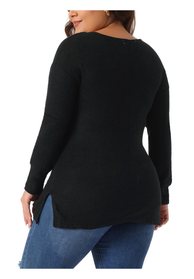 V Neck Waffle Knit Long Sleeve Shirt Basic Top, Black / Black, alternate image number 3