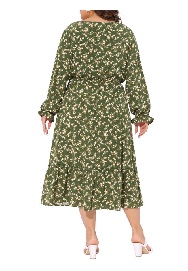 Boho Floral Print V Neck Long Sleeve Ruffle Hem Long Maxi Dress, Olive Green / Olive Green, alternate image number 3