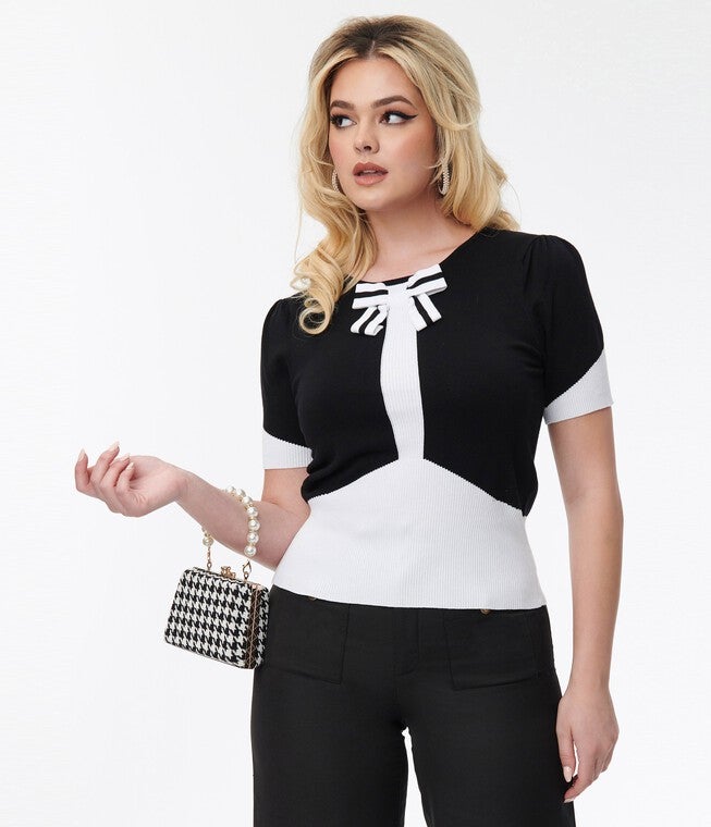 Smak Parlour Black & Ivory Bow Short Sleeve Sweater, Black / Black, hi-res image number 0