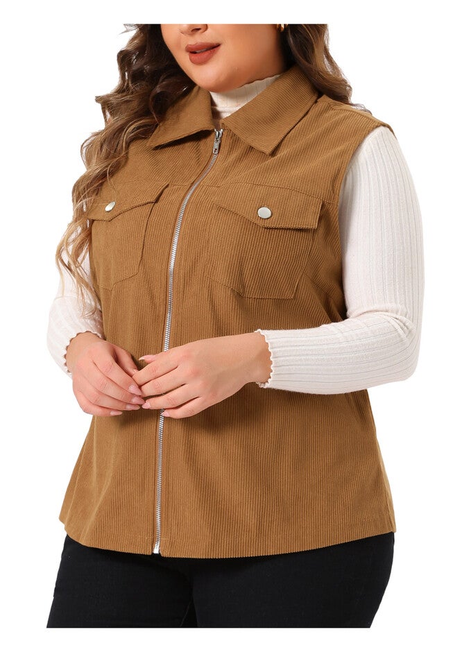 CORDUROY SLEEVELESS LAPEL LIGHTWEIGHT JACKET UTILITY VEST, Brown / Brown, alternate image number null
