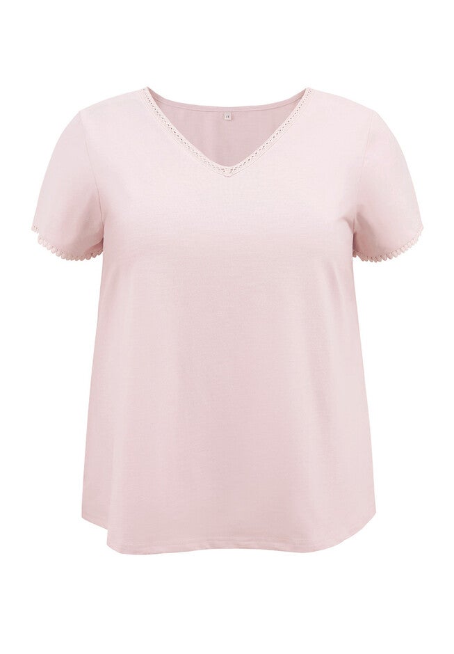 Crochet Trim V Neck Blouses Short Sleeve Casual Tee Top, Light Pink / Pink, alternate image number 3