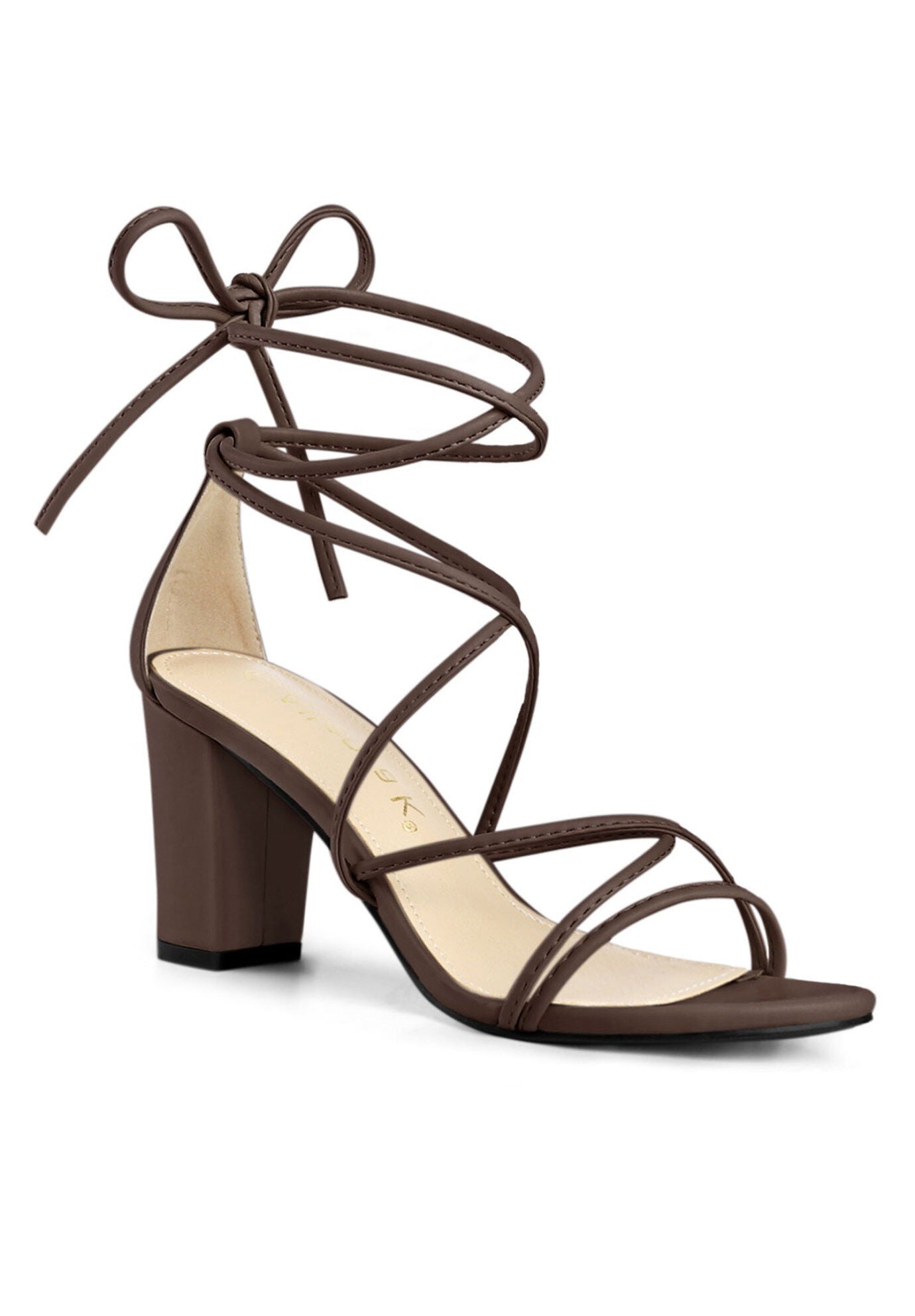 Strappy Lace Up Chunky Heeled Heels Sandals, Coffee / Brown, hi-res image number 0