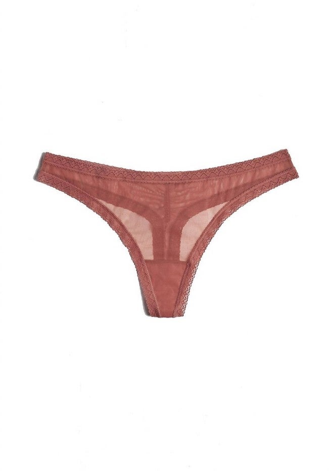MESH LACE TRIM THONG PANTY IN NUTMEG, Nutmeg / Red, hi-res image number null