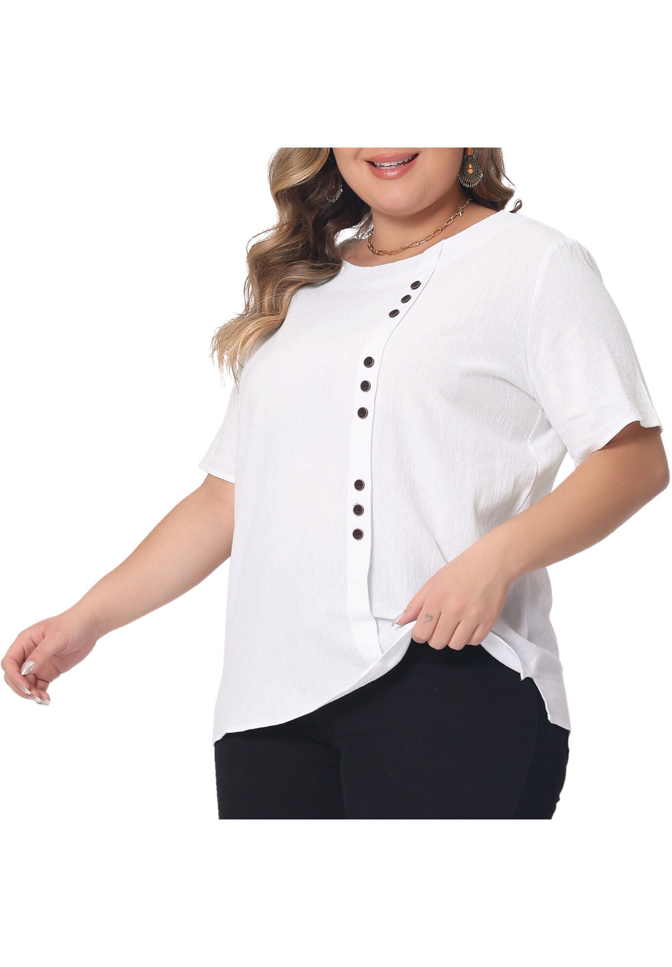 Short Sleeve Round Neck Cotton Linen T-Shirt Top, White / White, alternate image number 4