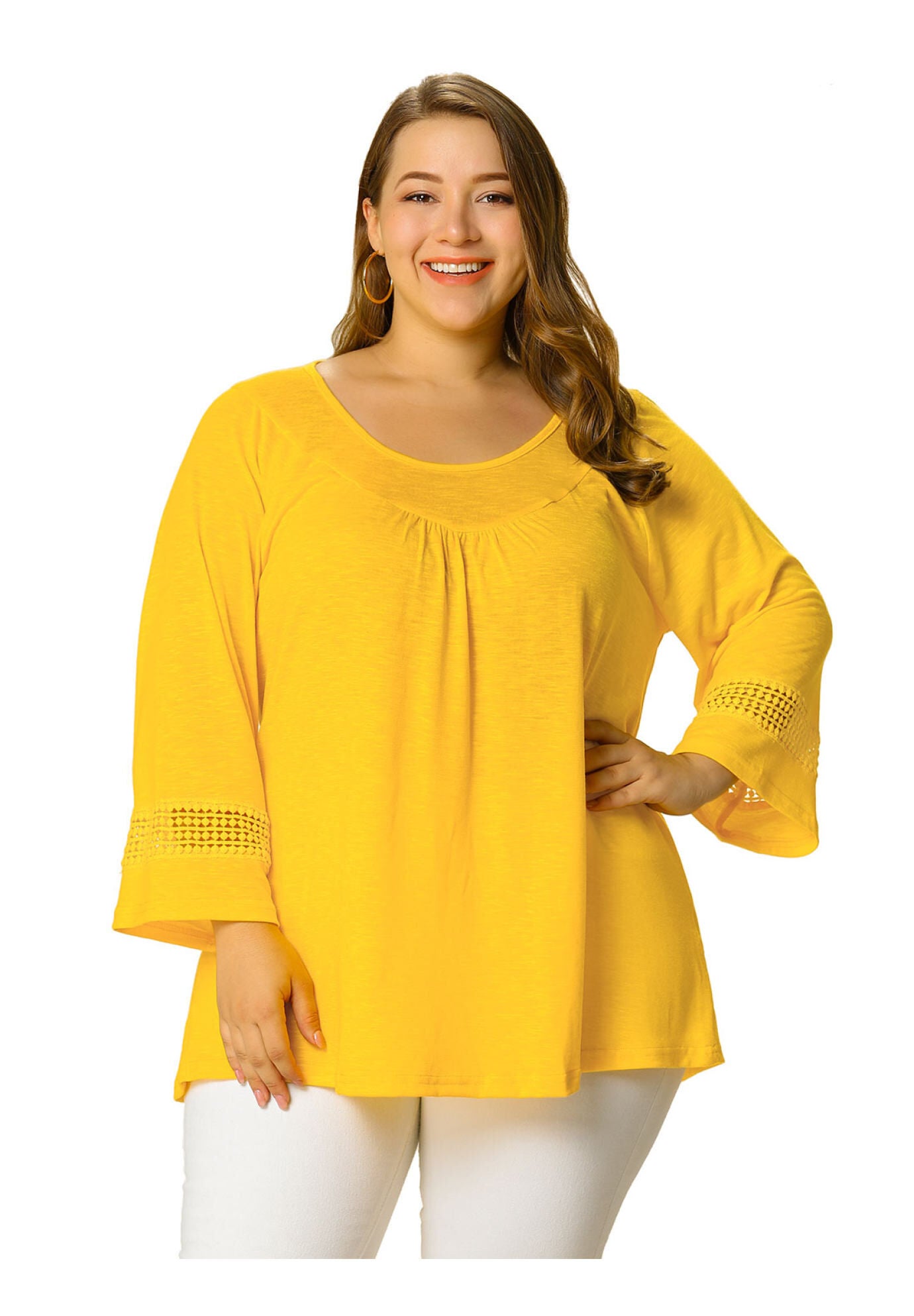 CROCHET PANEL HOLLOW OUT PLEATED TUNICS BLOUSE TOP, Yellow / Yellow, alternate image number 2