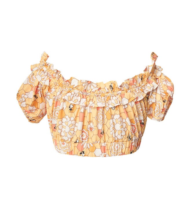 Unique Vintage Yellow Bee Print Ruffle Up Crop Top, Yellow / Yellow, alternate image number null