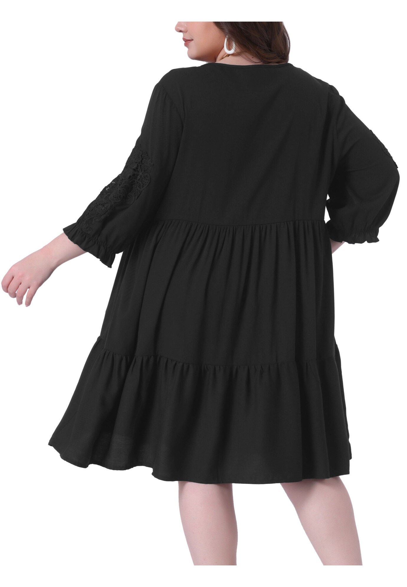 TIE NECK LACE SLEEVE RUFFLE MIDI FLOWY DRESS, Black / Black, alternate image number 3