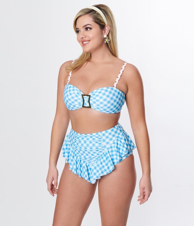 Unique Vintage Blue Gingham Ruffle High Waist Swim Bottom, Blue Gingham / Light Blue, hi-res image number null