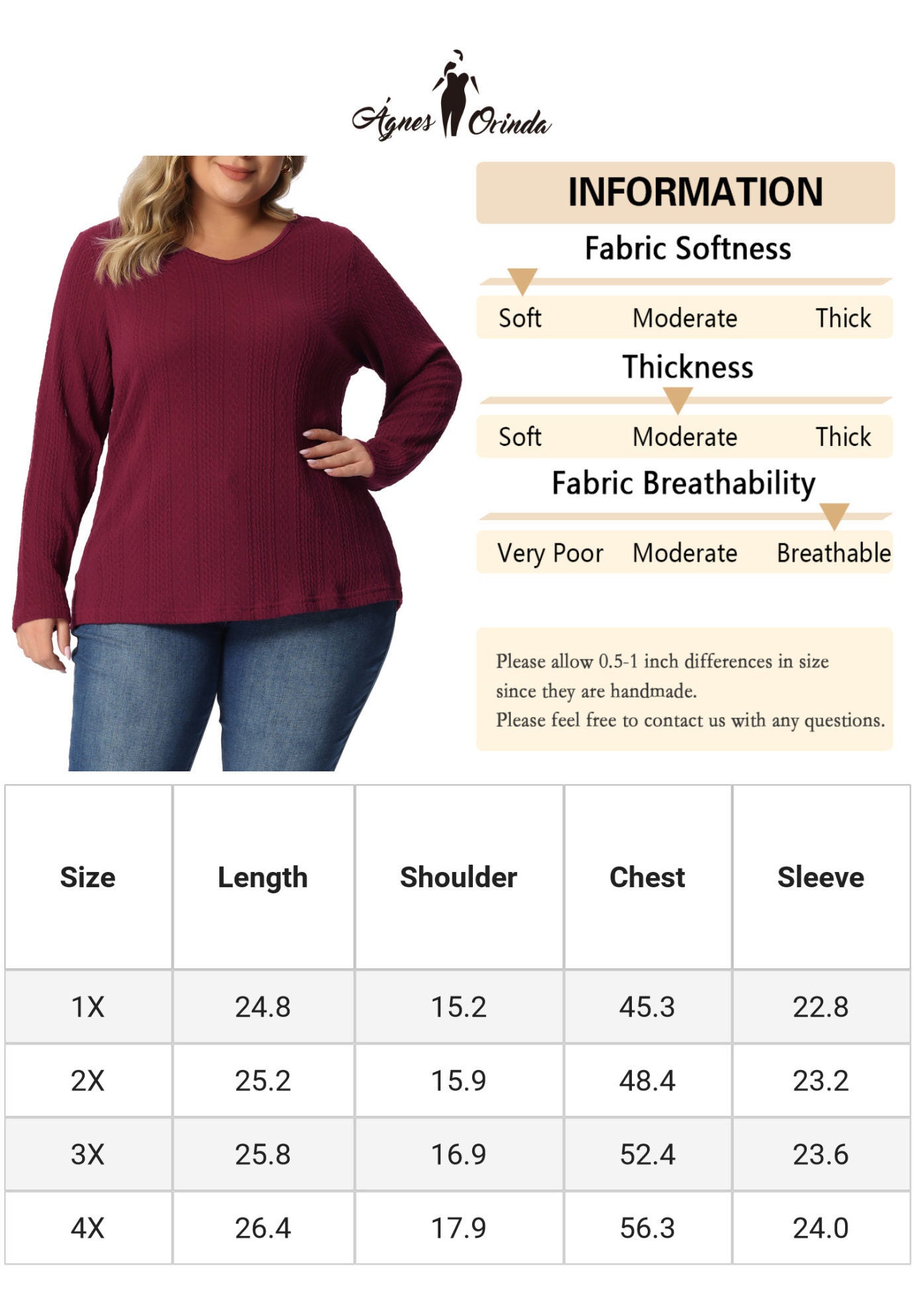 V Neck Long Sleeve Basic Knit Top Tee T-Shirt, Burgundy / Red, alternate image number 4