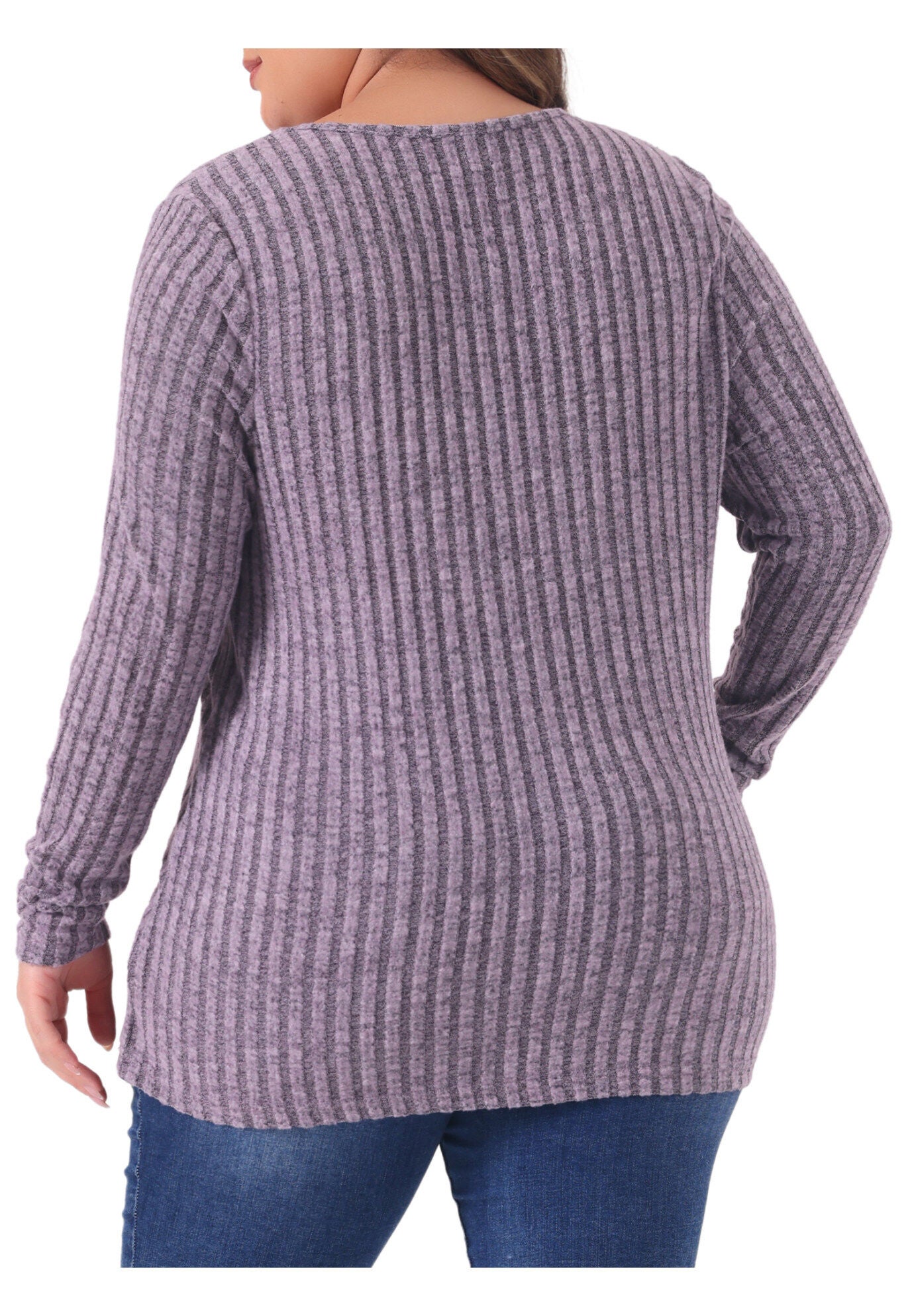 V Neck Long Sleeve Ribbed Brushed Tunic Blouse, Purple / Purple, alternate image number 1
