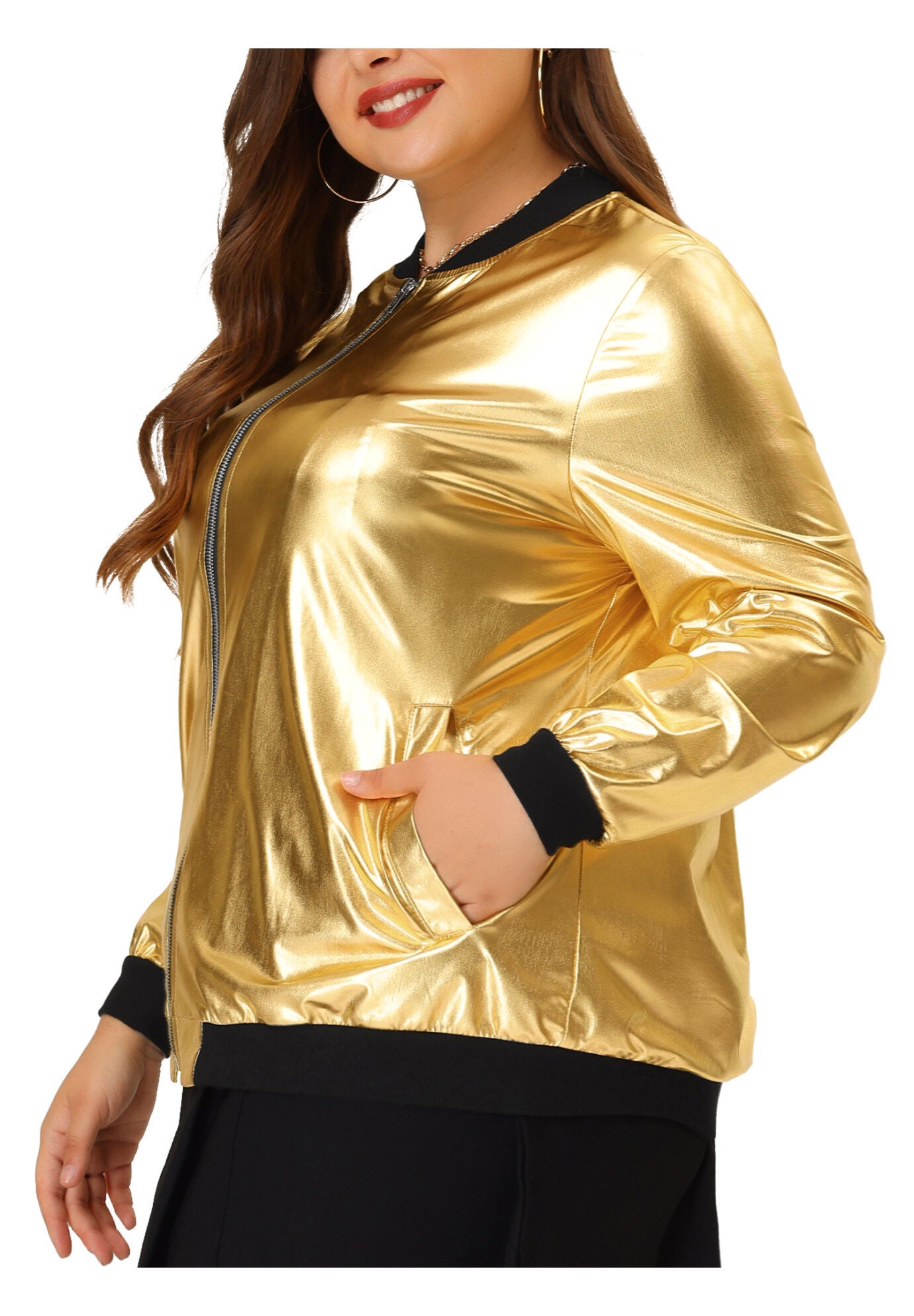 METALLIC SPARKLE HOLOGRAPHIC SHINY BOMBER JACKET, Golden / Gold, alternate image number 1