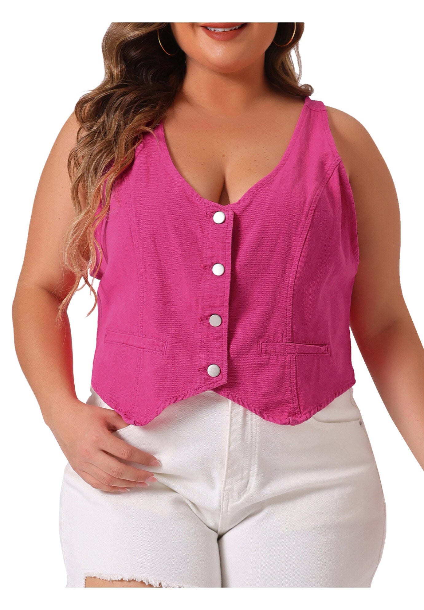 BUTTON DOWN SLEEVELESS JEAN WAISTCOAT VEST, Hot Pink / Pink, alternate image number 1