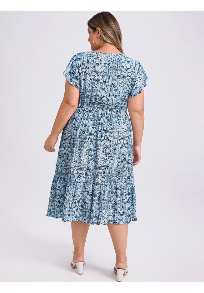 Floral Print V Neck Cap Sleeve A Line Flowy Midi Dress with Pockets, Lake Blue / Light Blue, alternate image number null