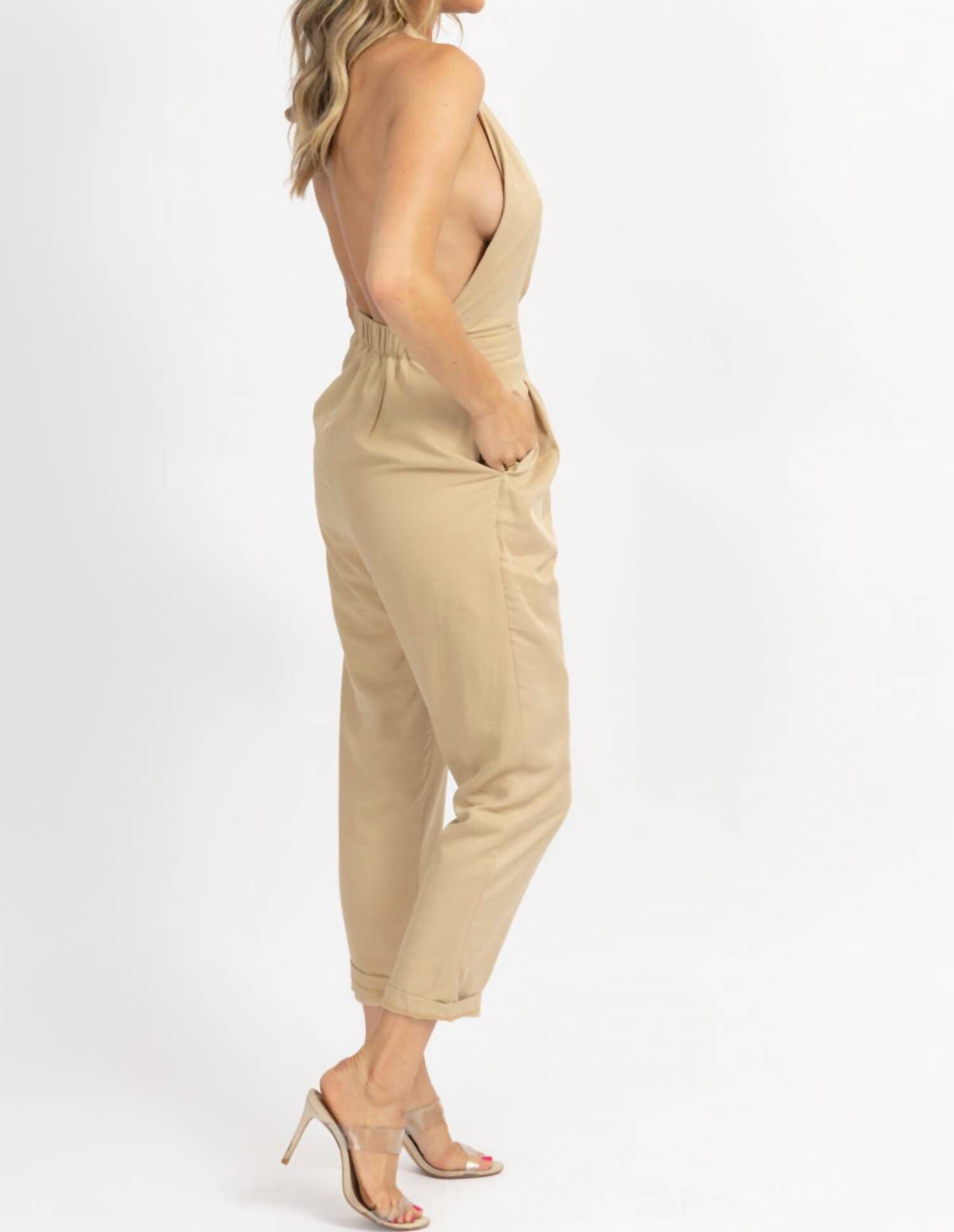 Halterneck Open Back Jumpsuit In Golden Beige, , alternate image number 3