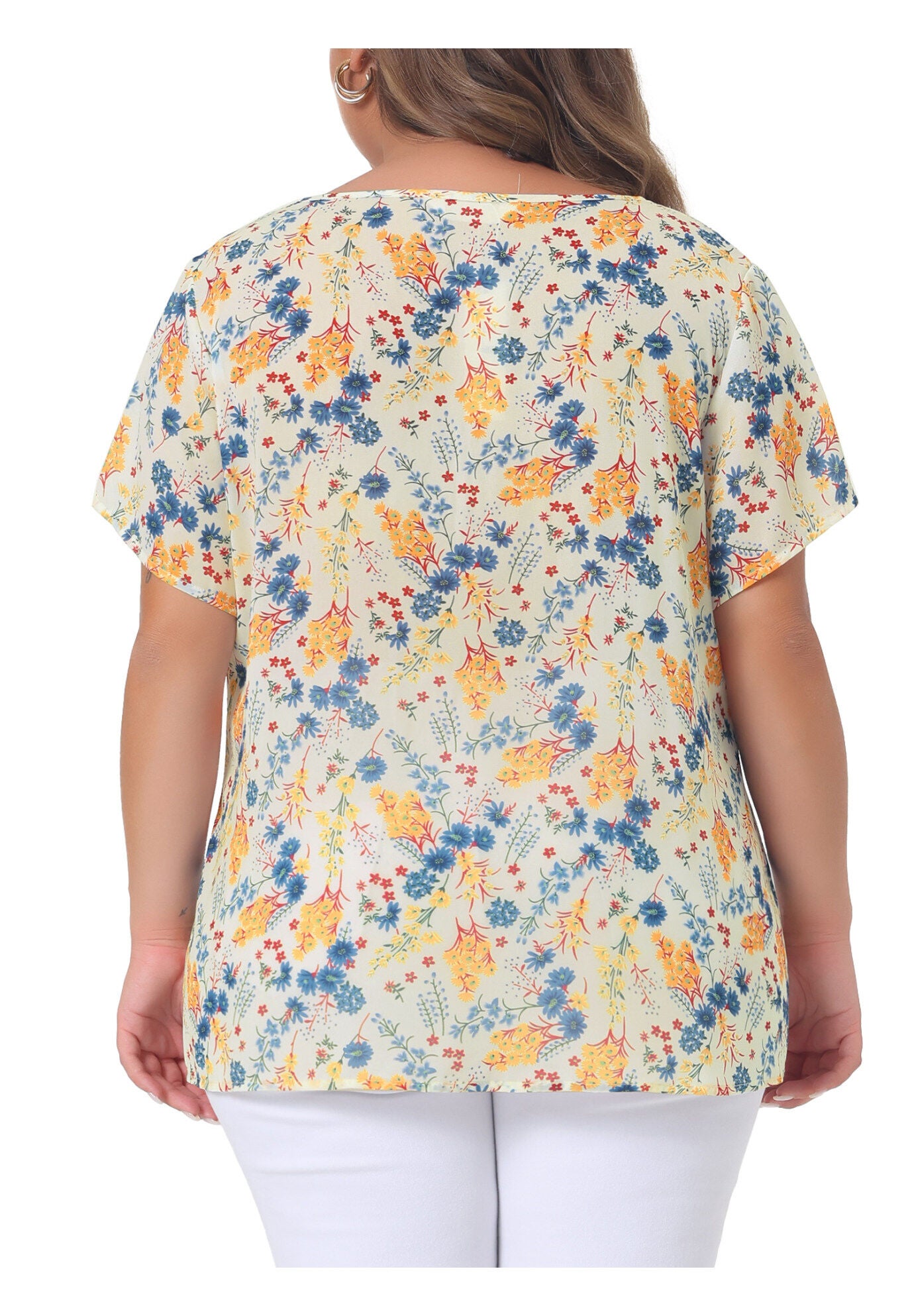 Summer Top Floral Half Placket Short Sleeve Casual Blouse, Beige / Beige, alternate image number 3