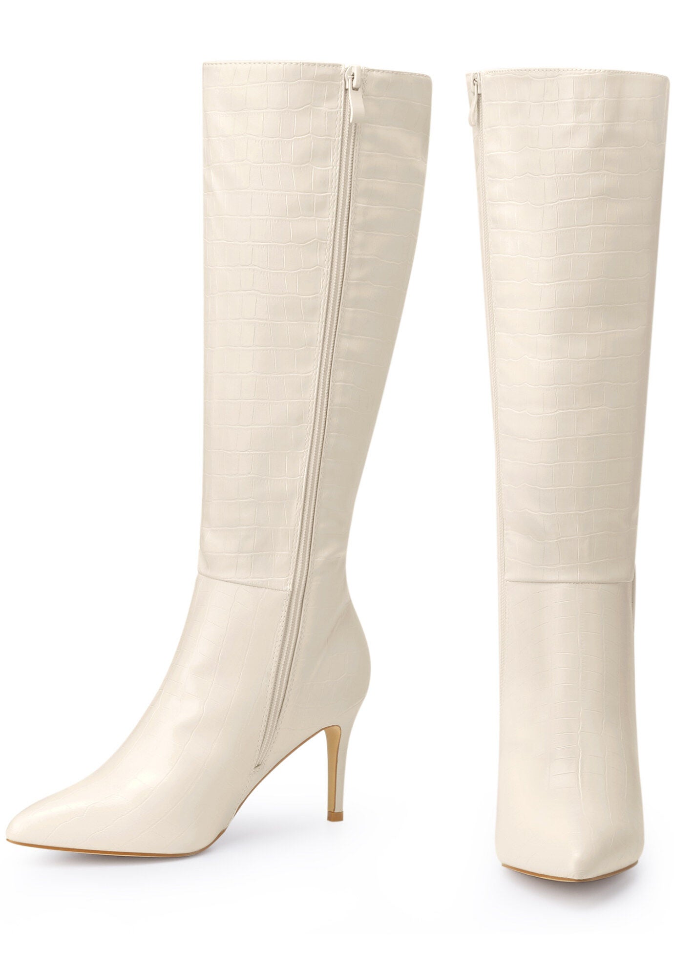 Stone Pattern Stiletto Heels Knee High Boots, Cream / Cream, alternate image number 2