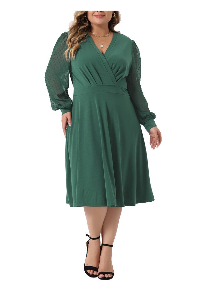 Long Sleeve Swiss Dots Formal Knee Length Dress, Green / Forest Green, alternate image number 2
