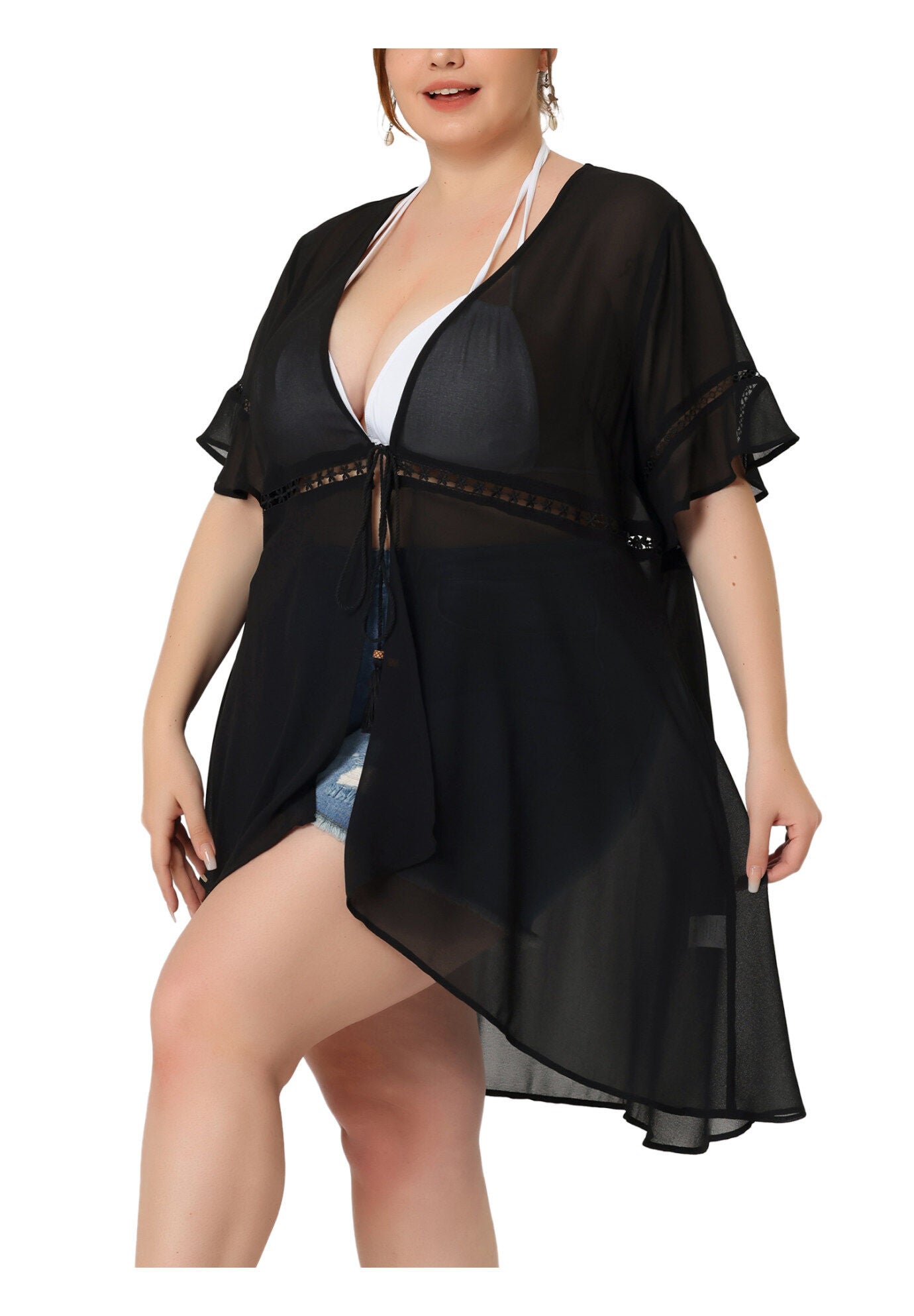 BIKINI COVER UP SHORT SLEEVE TASSEL TIE WAIST KIMONO, Black / Black, alternate image number 1