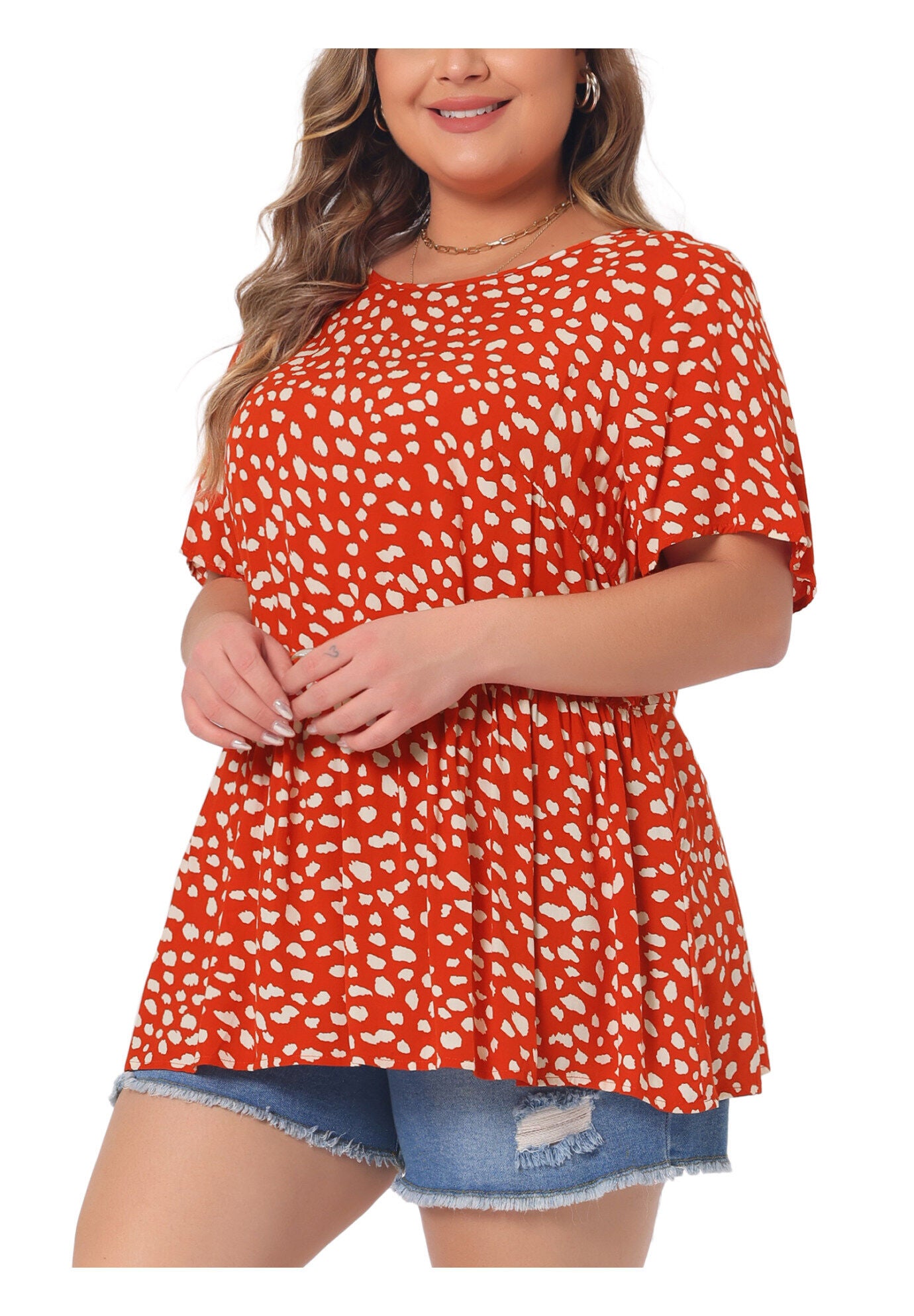 Polka Dots Crew Neck Short Sleeve Peplum Top, Orange / Orange, alternate image number 1