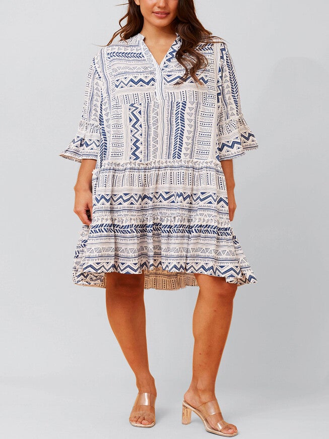Louise Dress Geo Aztec Print V-Neck, Navy / Navy, hi-res image number 0