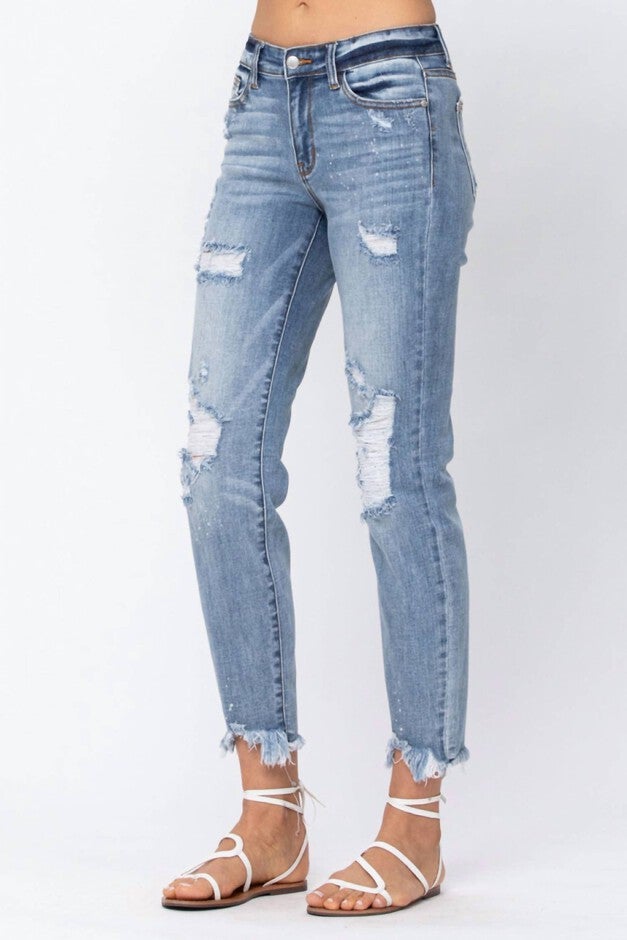 DESTROYED HEM BLEACH SPLASH BOYFRIEND JEAN IN LIGHT WASH, Light Wash / Light Wash, alternate image number null