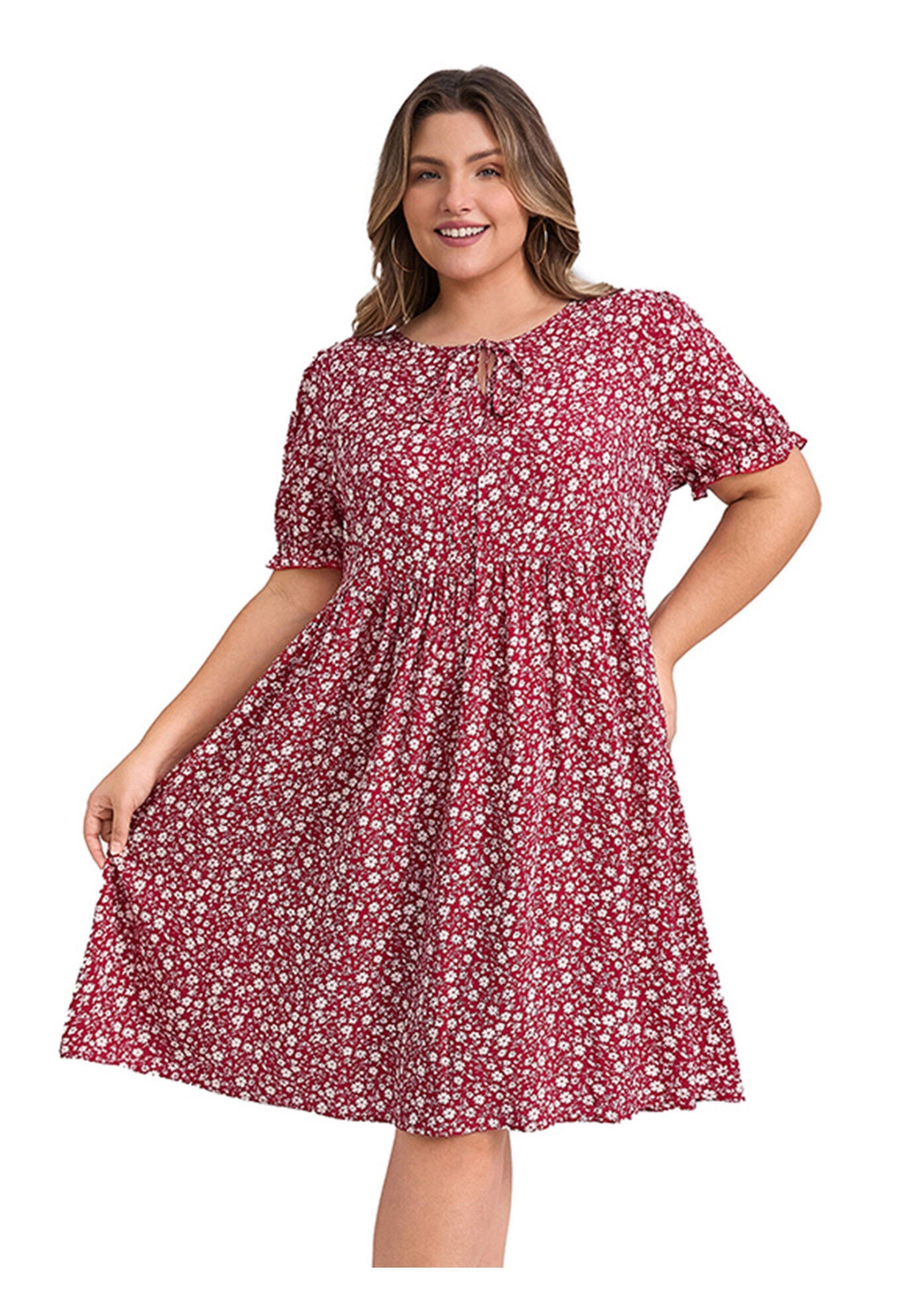 Floral Tie Neck Puff Sleeves Above Knee A-Line Dress with Pockets, Dark Red / Burgundy, hi-res image number 0