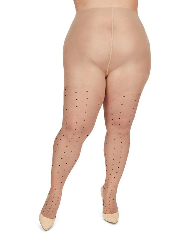 Pindot Sheer Plus Size Curvy Control Top Tights, NudeBlack / Black, alternate image number 1