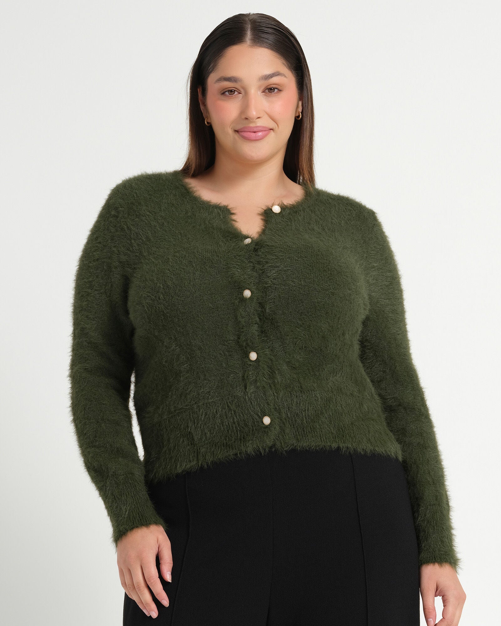 Camille Crew Neck Cardigan, Olive / Olive Green, alternate image number 4