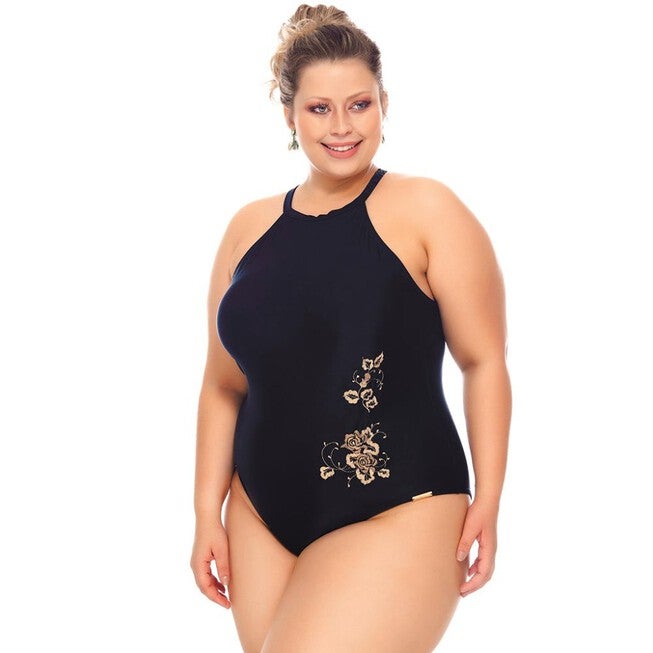 Swimsuit With Embroidery, Choker And Padded Cups, Black / Black, hi-res image number null