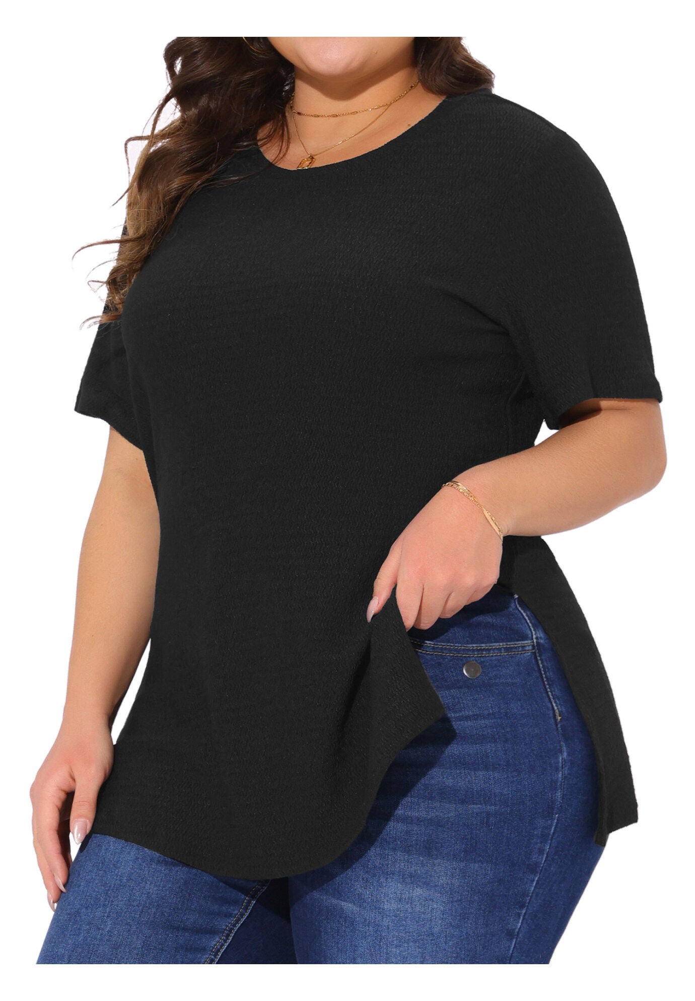 Short Sleeve Side Split T-Shirt Tee, Black / Black, alternate image number 2